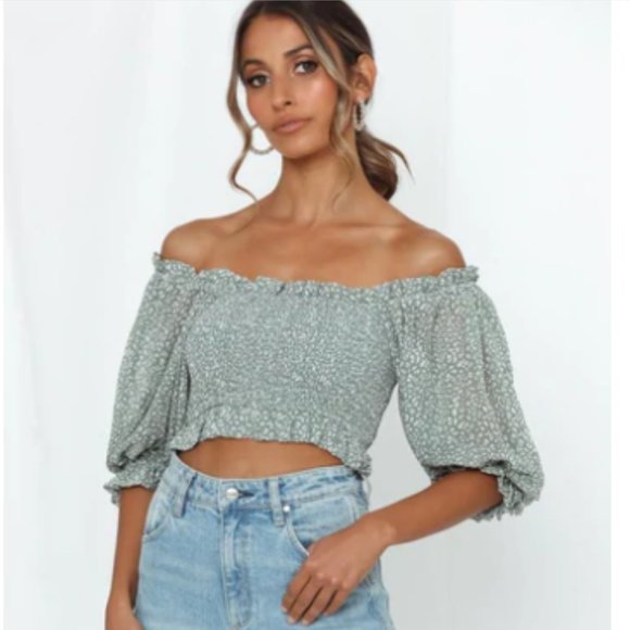 Hello Molly Tops - Hello Molly NOT LONG NOW CROP TOP OLIVE